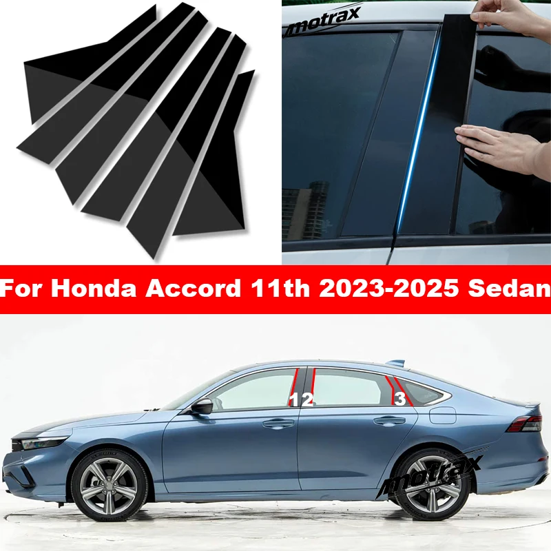 For Honda Accord 11th Sedan 2023 2024 2025 Auto Center Pillar Stickers Decorative Accessories Black Window Trim Stickers