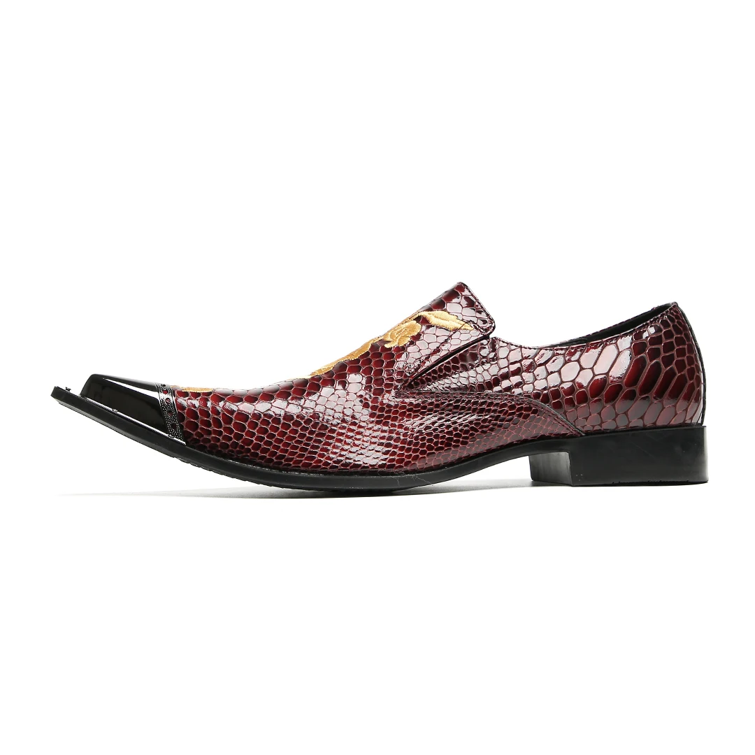 Schwarze Herren-Kleiderschuhe aus Leder mit goldener Blumenstickerei | Schlange – Hautstruktur und spitzes Zehen-Design – Detail 13
