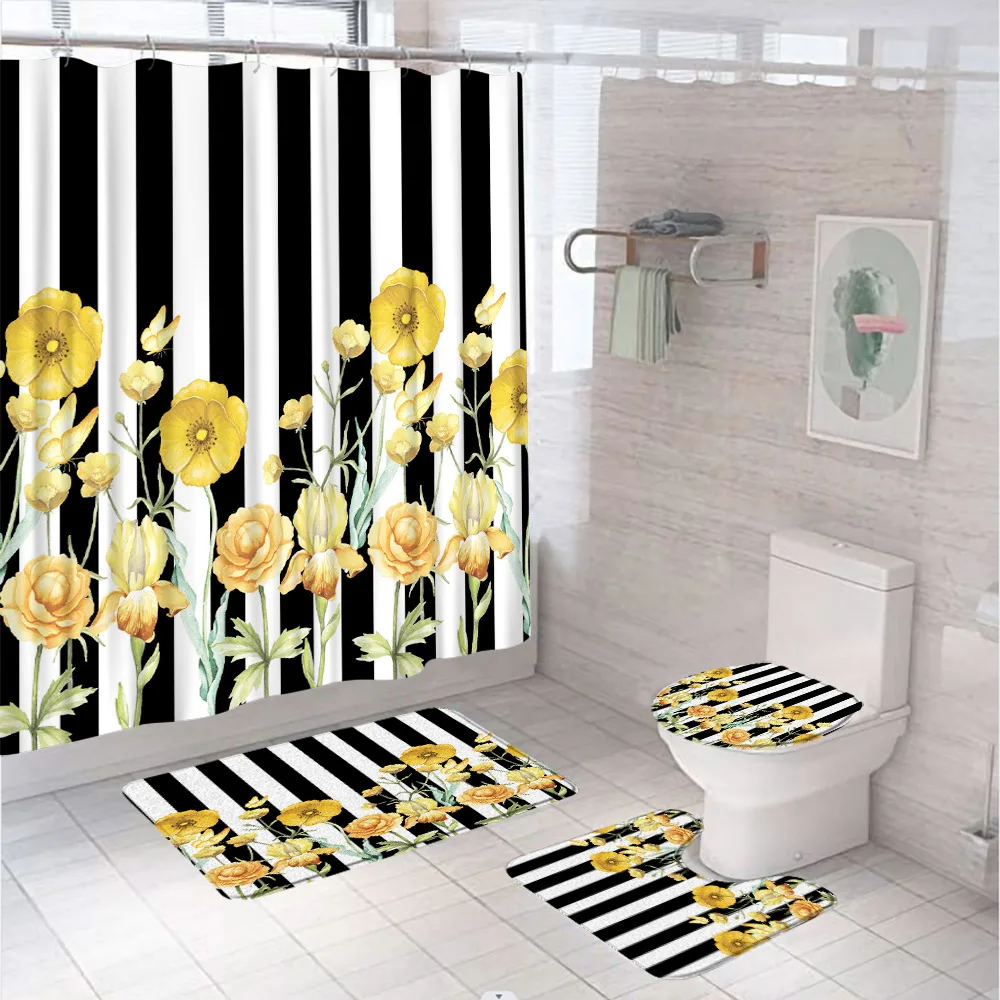 

Black White Stripe Flower Shower Curtain Set Plant Golden Floral Butterfly Bathroom Decor Non-Slip Rug Toilet Lid Cover Bath Mat