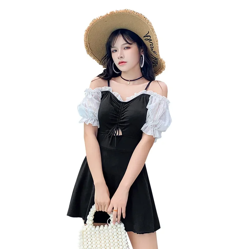 New 2024 Swimwear Women Boxer Shorts Swimming Suit Flounce V Neckline Korean Swimsuit Skirt One Piece Set Women Summer Plus Size