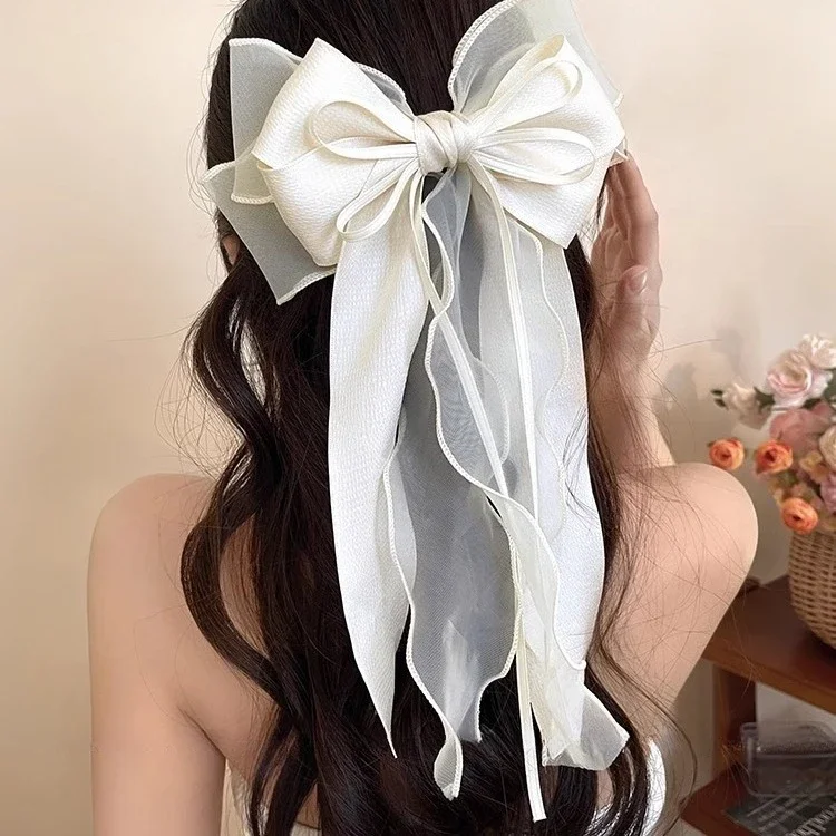 Jasmine White Mesh Ribbon Bow Flutter Hair Clips Women Back of Head New Premium Feeling Spring Clips Hair Pin Girl  Accessoires