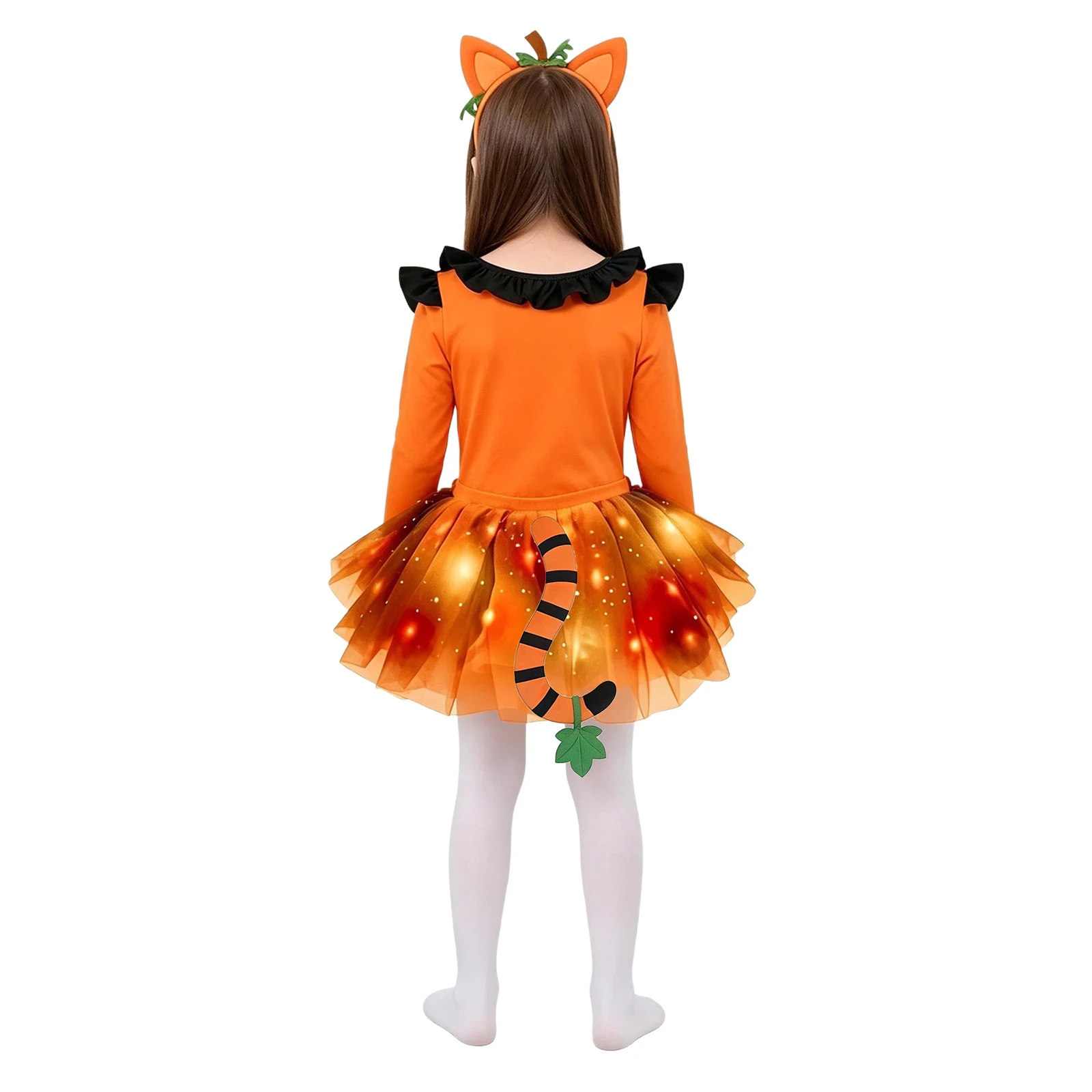 Children Pumpkin Costume Girls Halloween Orange Animal Dress Up Long Sleeve Bodysuit with Mesh Ruffled Tutu Skirt Headwear Tail
