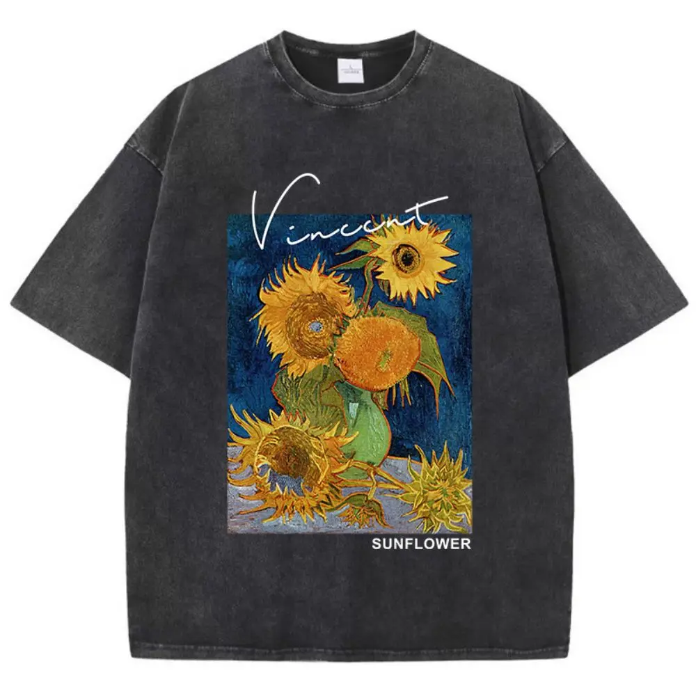 Casual Womens Cotton Washed T-Shirts Van Gogh Sunflower Printing Short Sleeve O-Neck Breathable Soft Tops Fashion Female Clothes