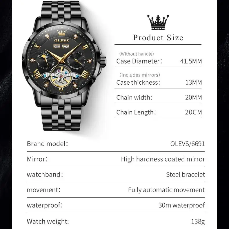 OLEVS Original Luxury Brand Watch Men Black Stainless steel Flywheel Design Auto Date Waterproof Automatic Mechanical Wristwatch