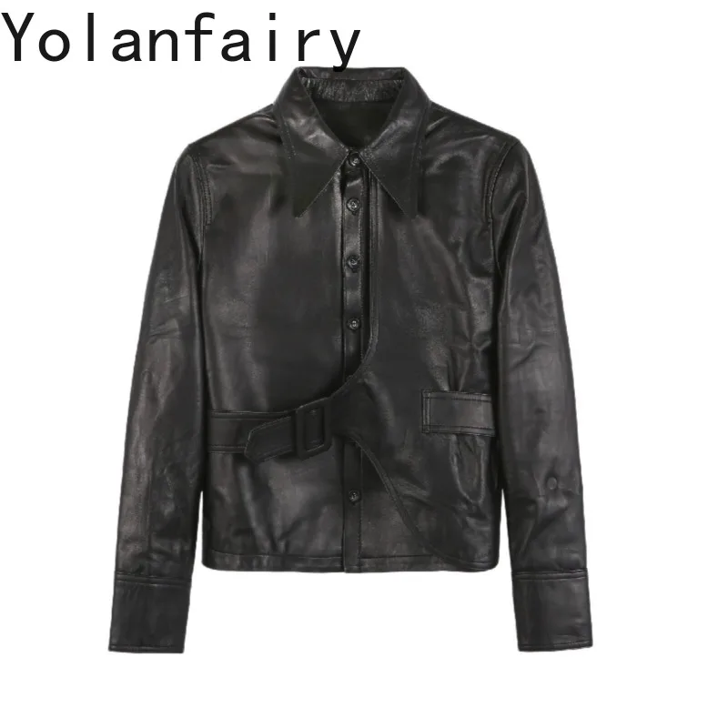 

YOLANFAIRY Women 2026 Autumn Black Genuine Sheepskin Leather Jacket Square Collar Long Sleeve Slim Fit Korean Real Leather Coat