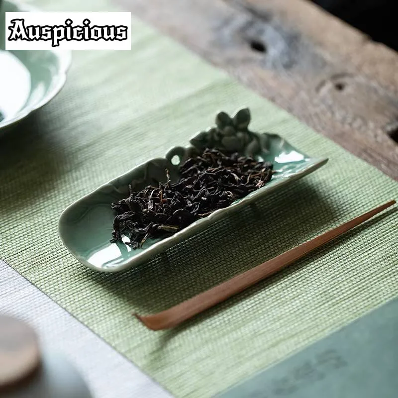Embossed Lotus Yue Kiln Celadon Tea Scoop Japanese Chahe Shovel Awakening Tea Ladle Oolong Tea Teaware Supplies Ornaments Gift