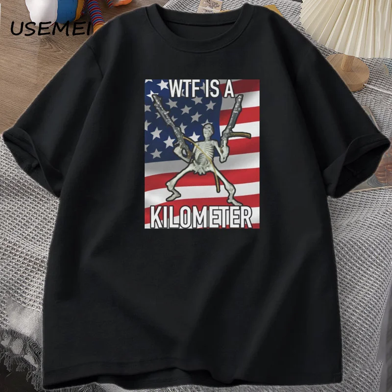 WTF Is A Kilometer Funny Skeleton Meme T-shirt Casual Cotton Short Sleeve Funny Parody Tees American Mens Clothes Streetwear