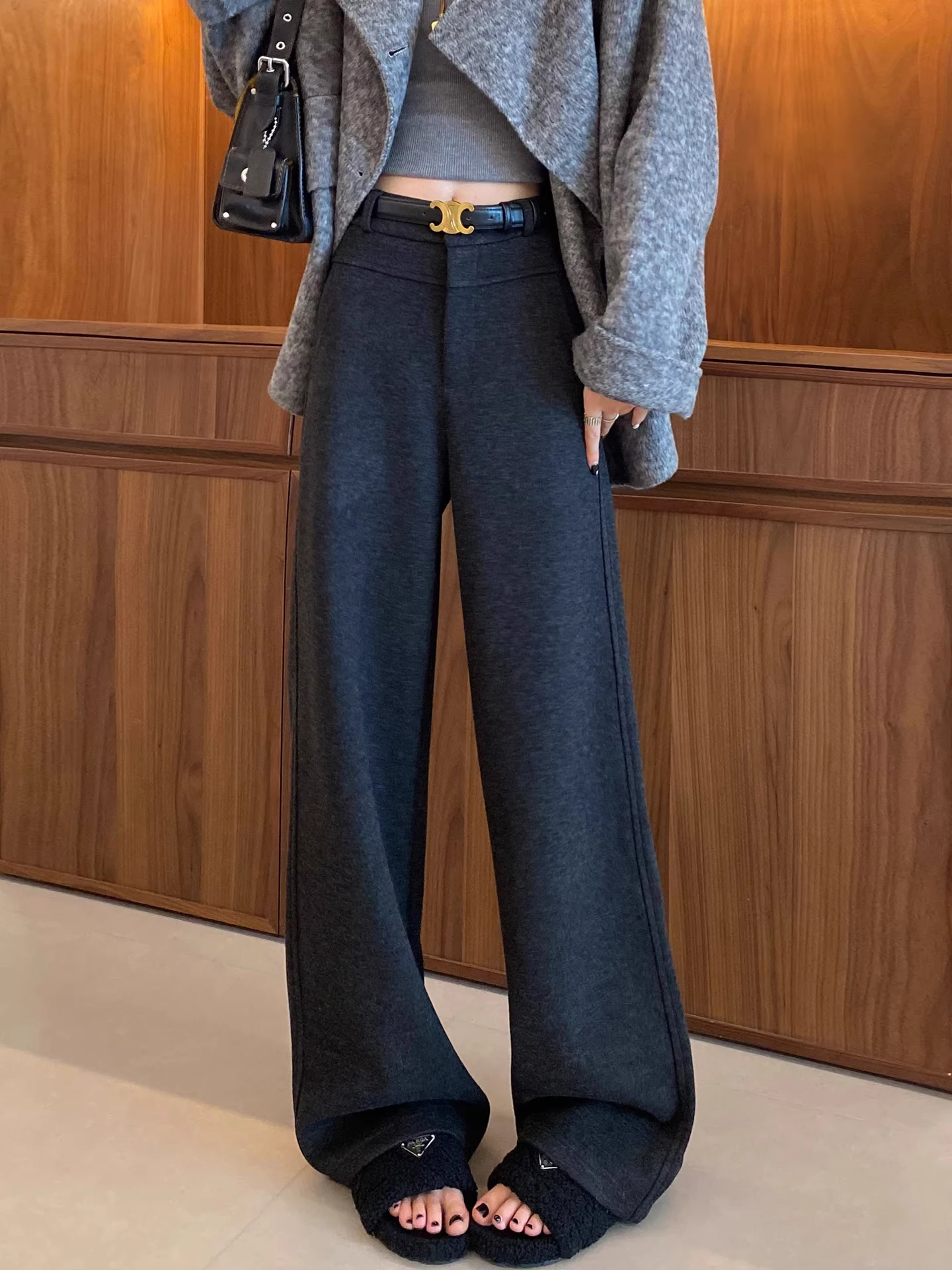 Tall Women's Long Grey Woolen Suit Wide Leg Pants Autumn Winter New Style Drapey Floor Length Loose Fit Casual Trousers