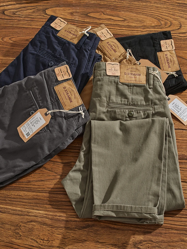 Amekaji American vintage Simple Cargo Pants Men's Heavy Chino Casual Pants Straight All-Match Tapered Pants