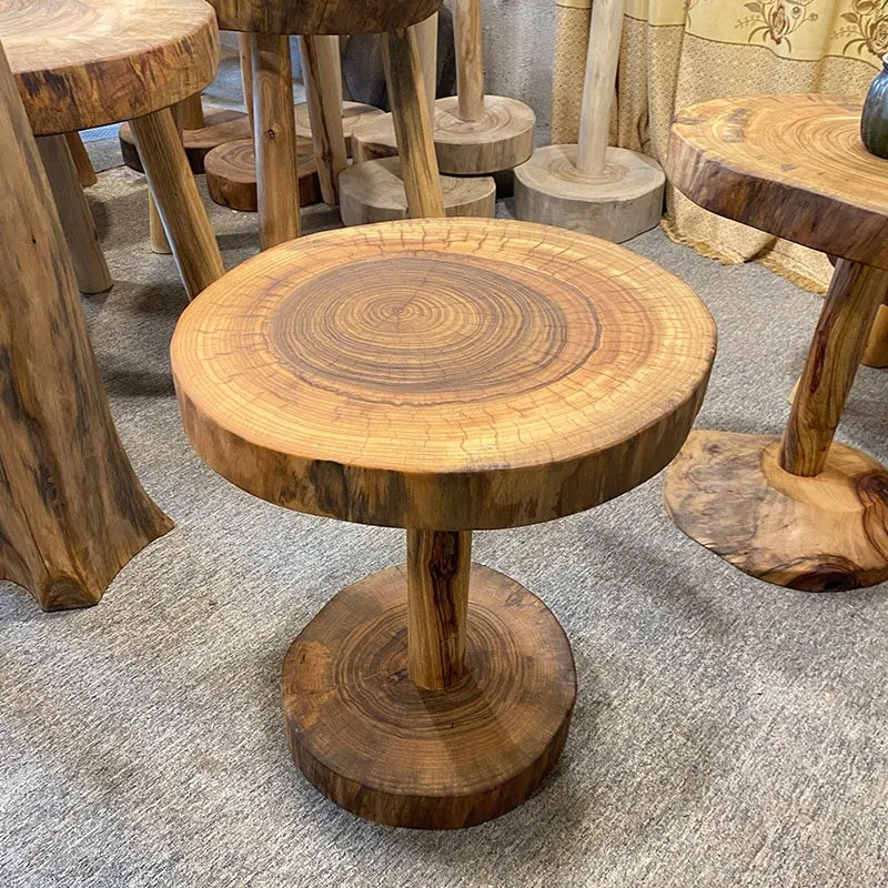 Side Table Solid Wood Wabi-Sabi Living Room, Unique Round Coffee Table Mortise and Tenon Structure End Table for Sofa Nightstand