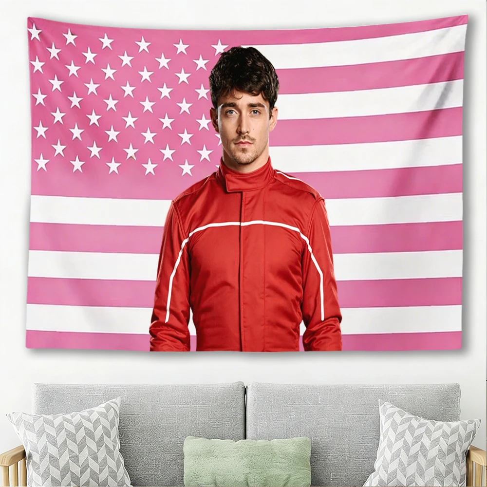 Charles Leclerc Pink American Flag Tapestry F1 Racer Portrait Wall Hanging Fan Bedroom Decor Gift