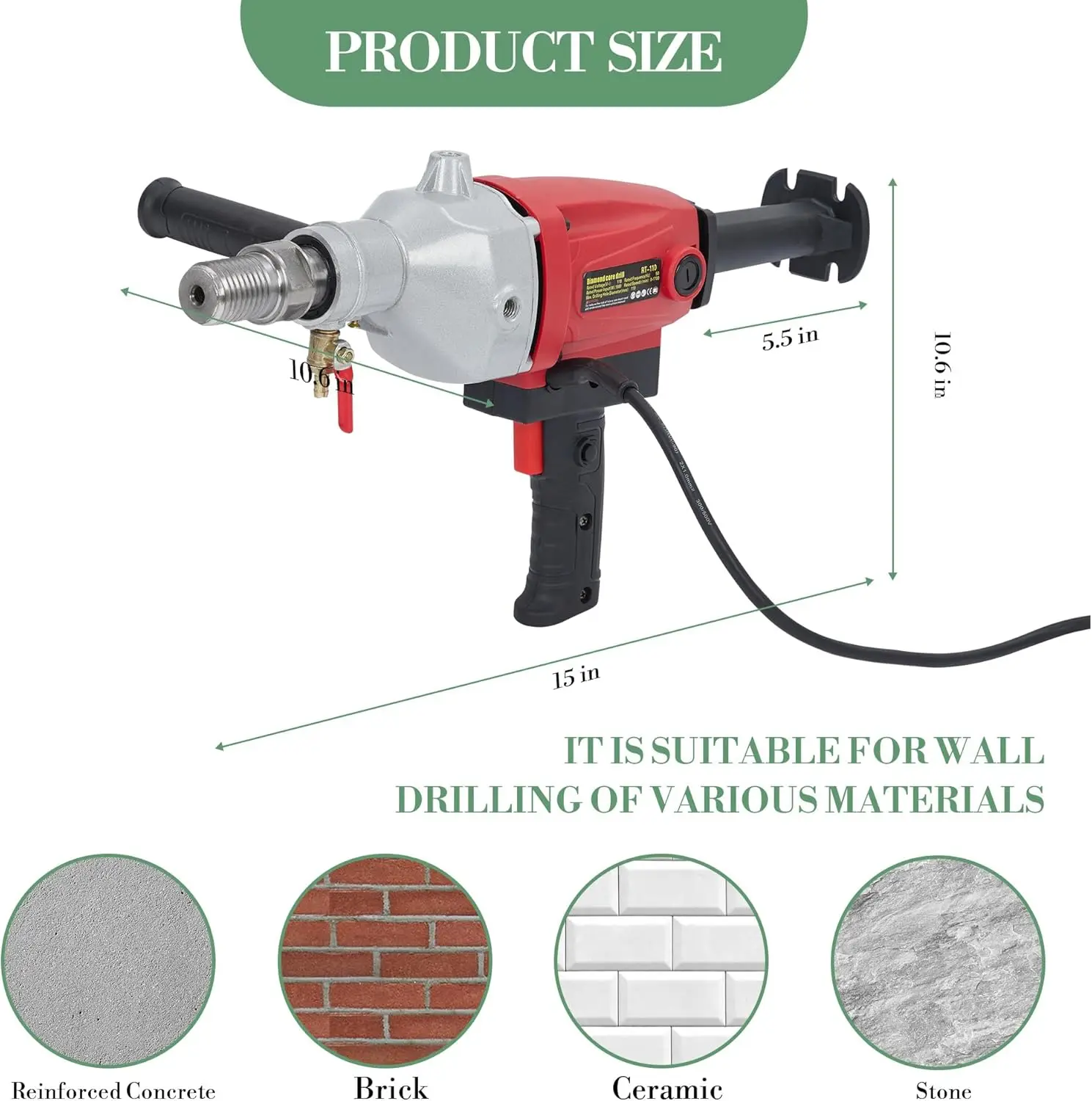 Perforadora de núcleo de diamante portátil de 1500W, funcionamiento seco y húmedo, 1880RPM, diámetro máximo de perforación de 4" para hormigón/ladrillo/piedra ﻿