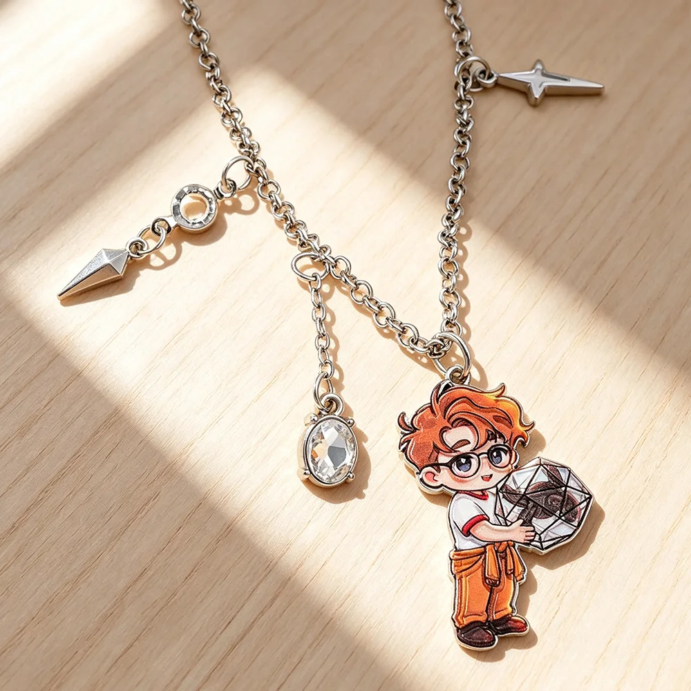 Project Hail Mary Chibi Boy Necklace, Cute Cartoon Character Pendant with Rhinestone Spike & Star Charms, Book Fan Gift Jewelry