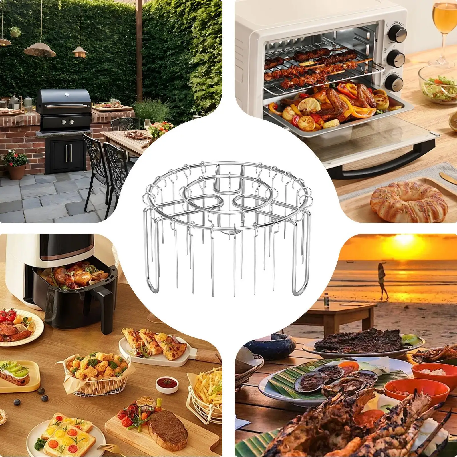304 Stainless Steel Vertical Air Fryer Skewer Rack with 24Pcs Special Meat Skewers Roasting Universal Oven BBQ Grill Stand