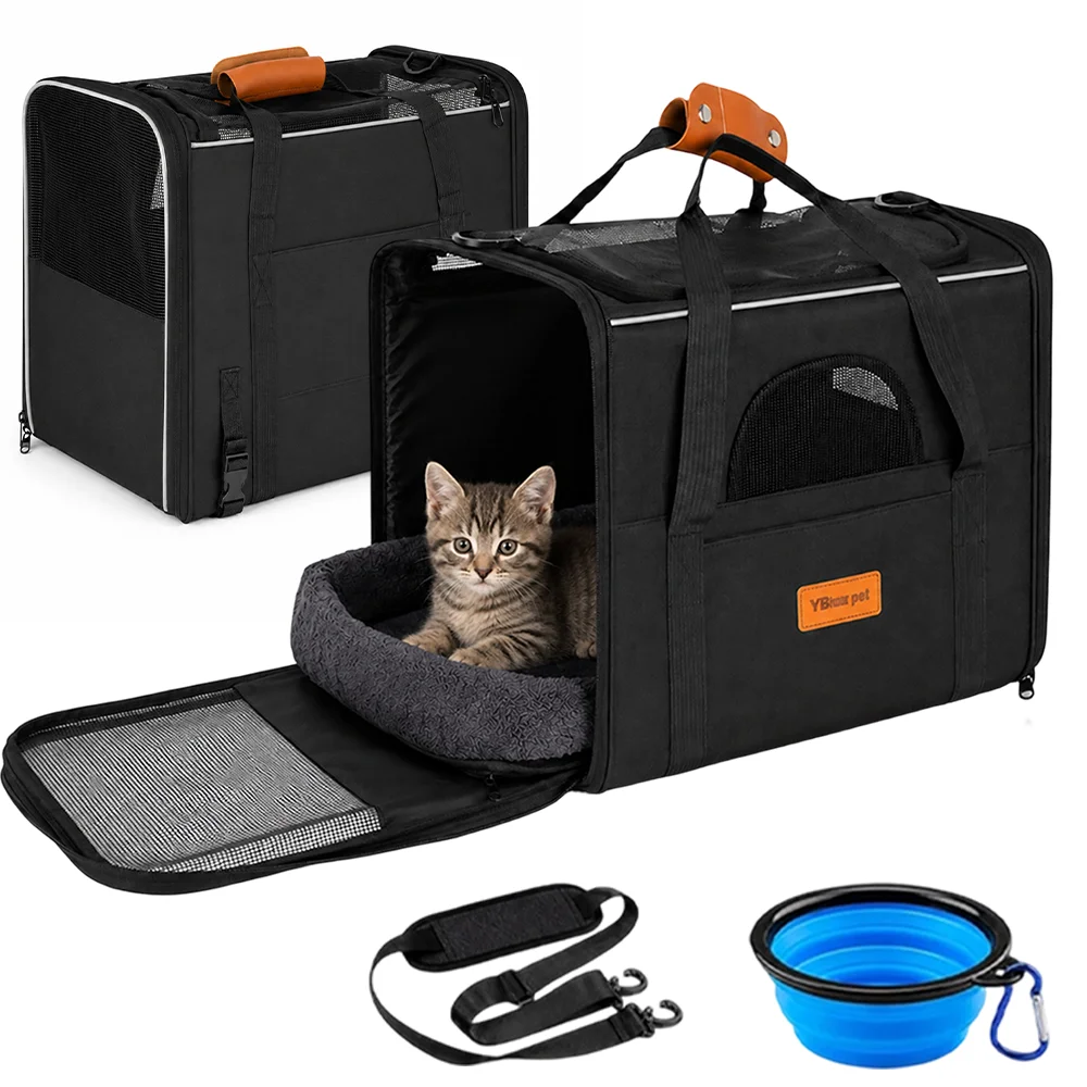 Borsa per il trasporto di gatti e cani, gabbia pieghevole e traspirante, borsa per animali domestici, con materassino e ciotola, ideale per gatti e cani di piccola taglia, da utilizzare in auto, in