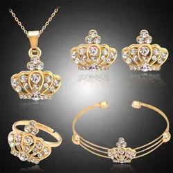 Trend Fashion Ladies Crown Jewelry Set Delicate Necklace Earrings Ring Bracelet Jewelry Anniversary Birthday Party Wedding Gift