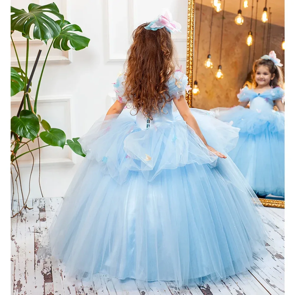 Applique vestido da menina de flor para o casamento céu azul tule inchado até o chão crianças festa aniversário primeira comunhão pageant vestido baile