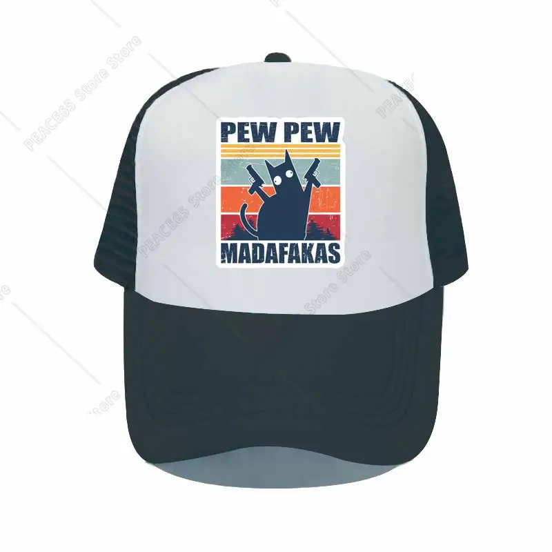 Pew Pew Madafakas Print Baseball Caps Unisex Summer Hats Breathable Mesh Adjustable Hat Graphic Double Gun Cat Funny Hats