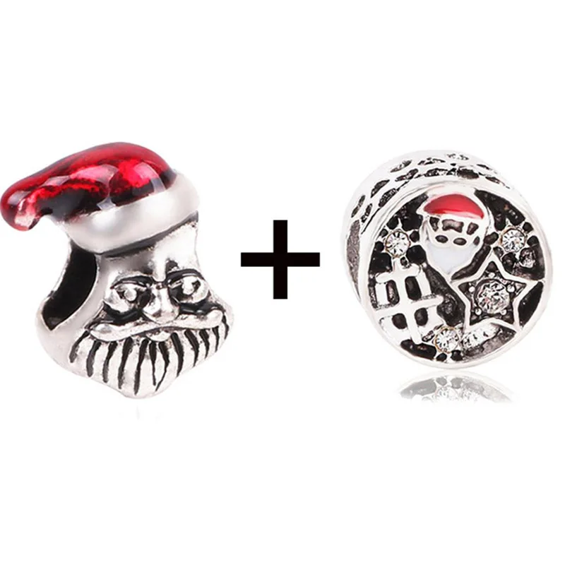 2Pcs/Lot Christmas Red Sleigh Santa Claus Charm Xmas Beads Fit Silver Plated Brand Bracelets With Christmas Tree For Gifts