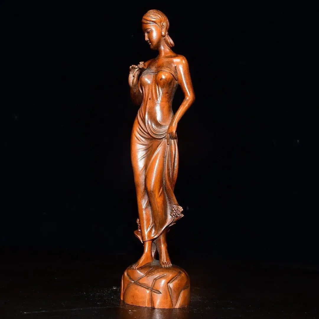 Hand Carved Wood wearing a long skirt beauty woman Statue Figurine Desktop Ornaments Home Decoration Crafts Tea Pet Decor
