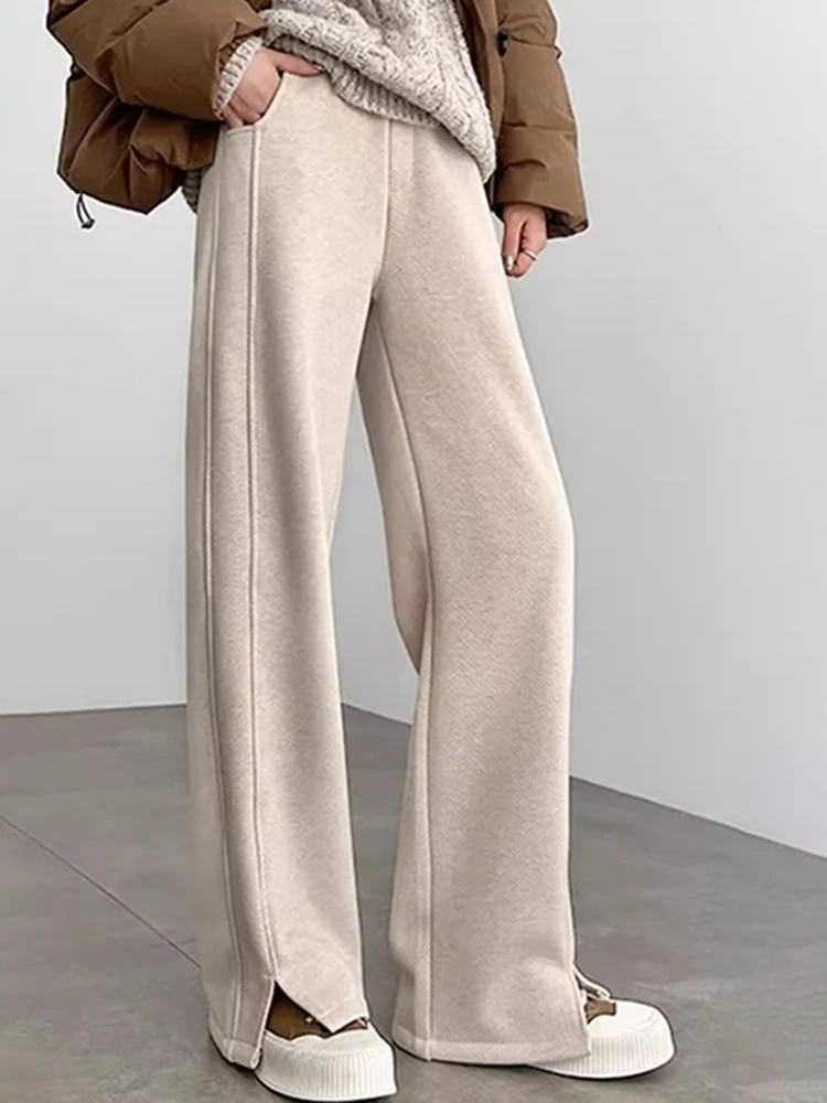 Autumn Winter Woolen Thick Velvet Straight Leg Split Pants Women's Clothing Wide Leg Pants 2024 New Leisure OL Style Solid Color