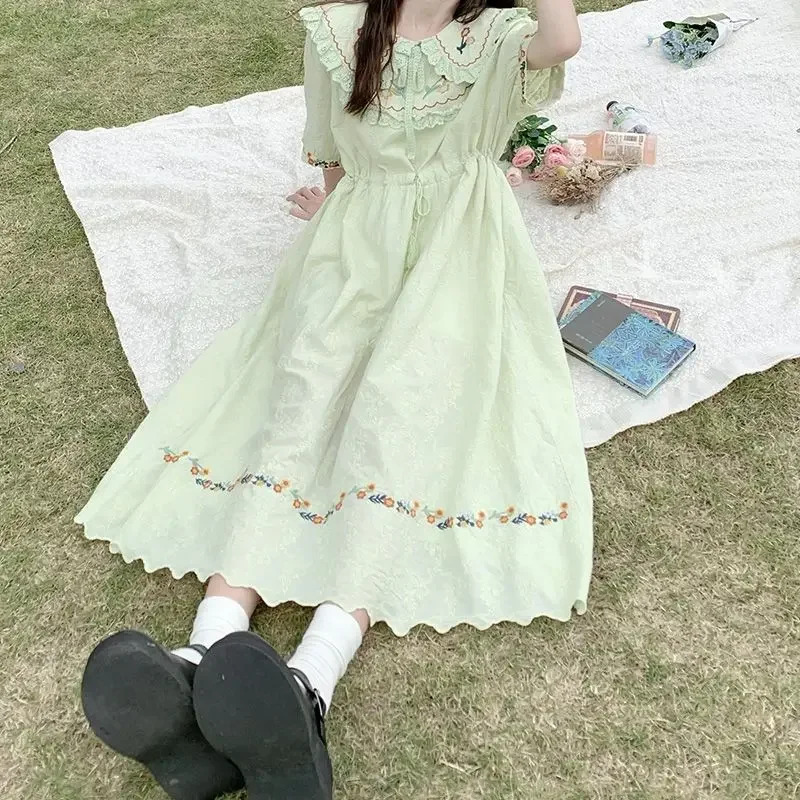 Kawaii Mori Girl Style Flower Embroidery Dress Women Summer Cute Vintage Doll Collar Half-sleeve A Line Beige Long Dress 2024