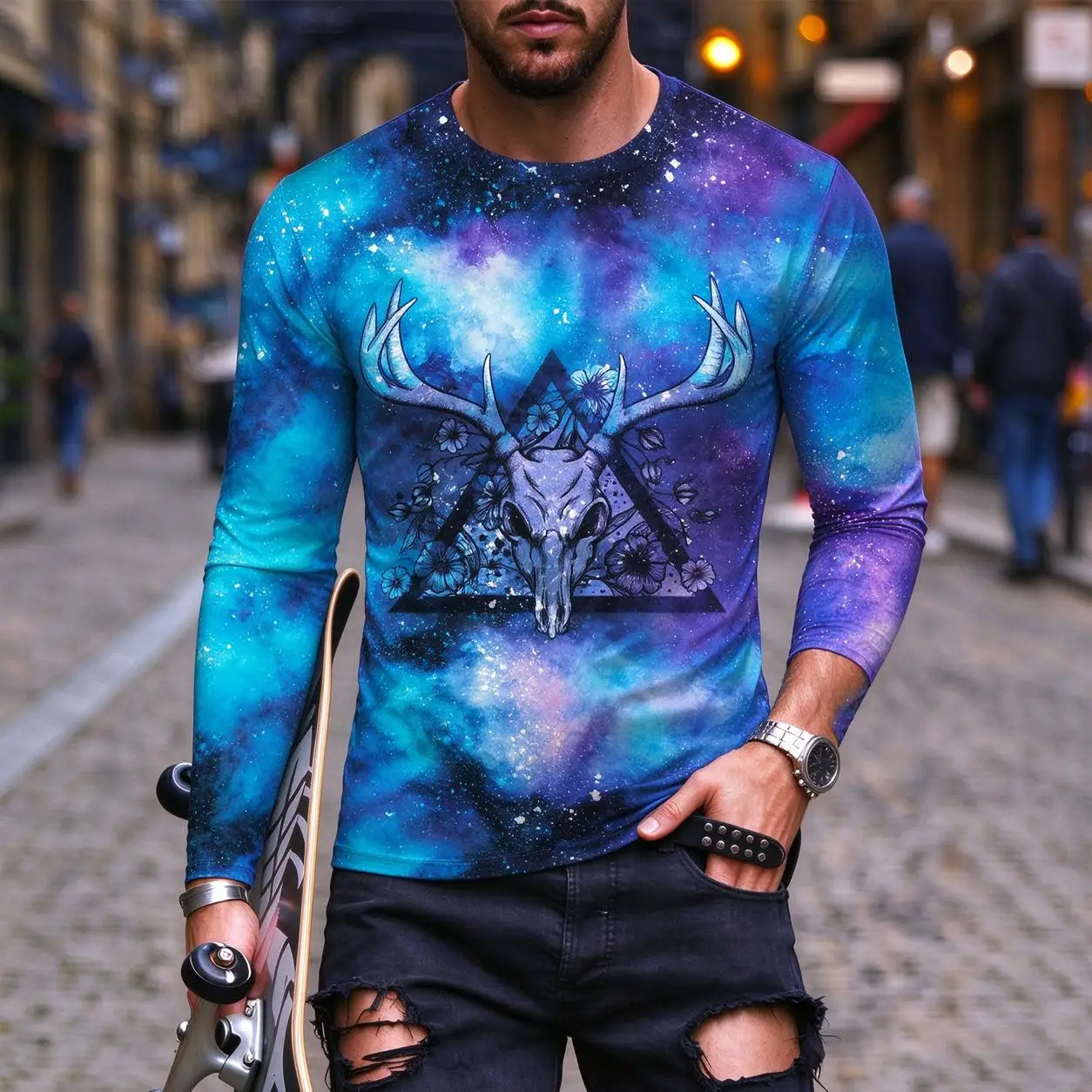Starry Sky Space Theme 3D Printed Long-Sleeve T-Shirt Y2K Autumn Outdoor Fashion Apparel Men's Casual Street Style Crew Neck Top