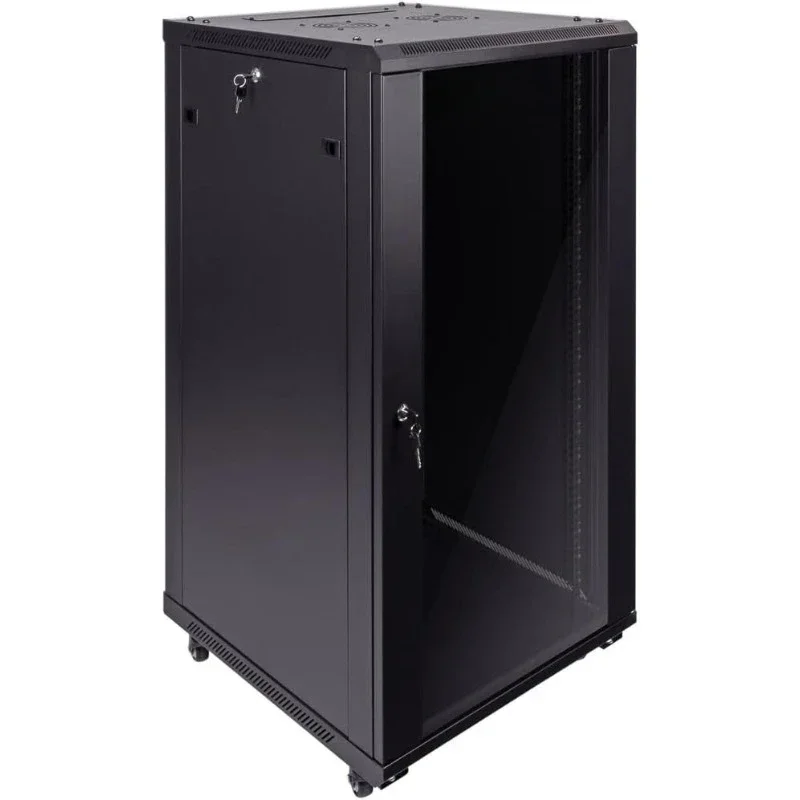 Server Cabinet Wall Mount Rack Enclosure with Caster Wheels, 2 Fans, Locking Glass Door, Removable Side Panels