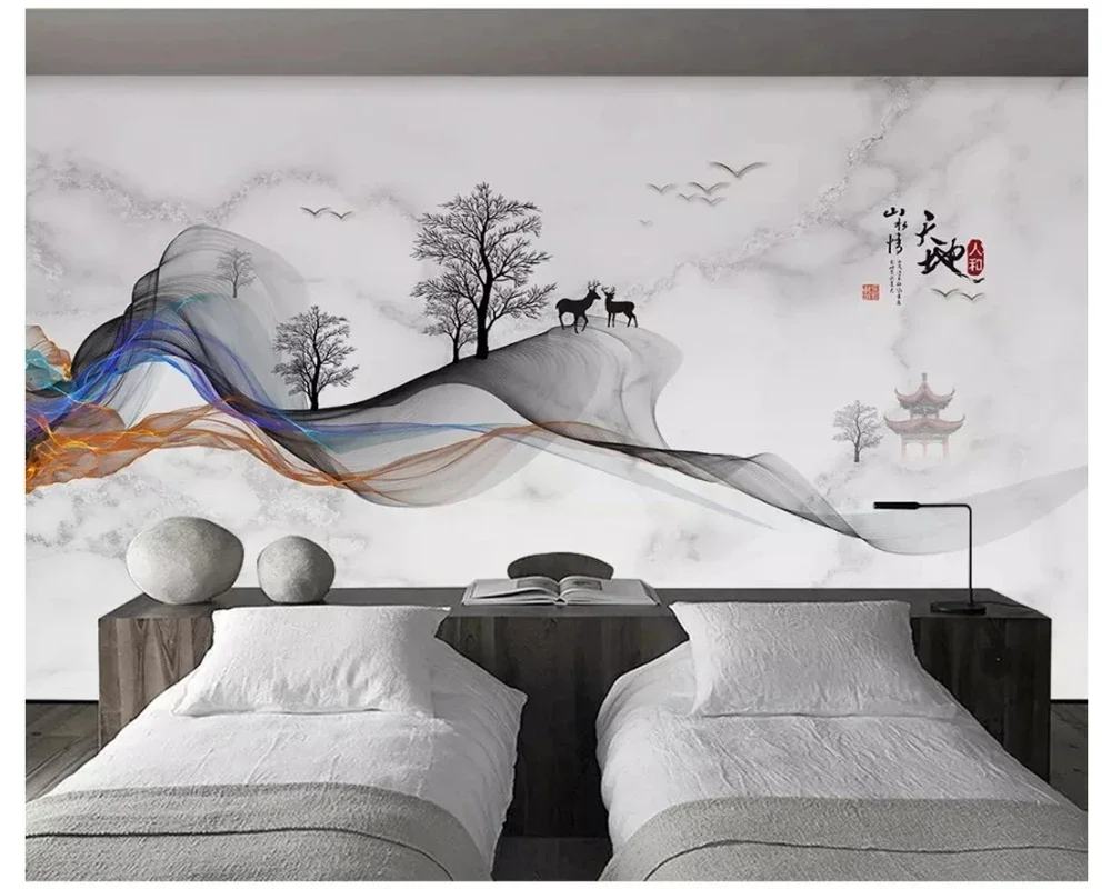 

Custom New Chinese style hand-painted personality Mural abstract line marbled artistic conception landscape wallpaper Waterproof