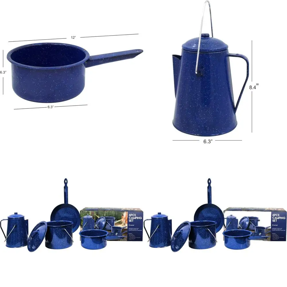 

6-Piece Enameled Cookware Set for Outdoor Adventures - Includes Frypan, Kettle, Percolator