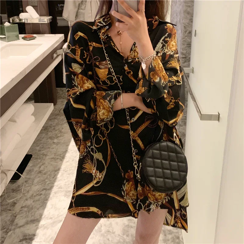 Baroque Luxury Print Women Long Shirts Autumn Long Sleeve Lapel Single-breasted Female Shirt Casual Loose Tops Streetwear camisa