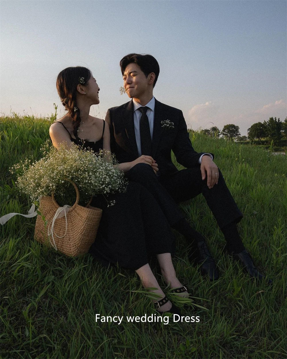 Vestido de novia de línea A negro Simple de lujo, sesión de fotos de Corea, correas de espagueti, tafetán, longitud de té, hecho A medida