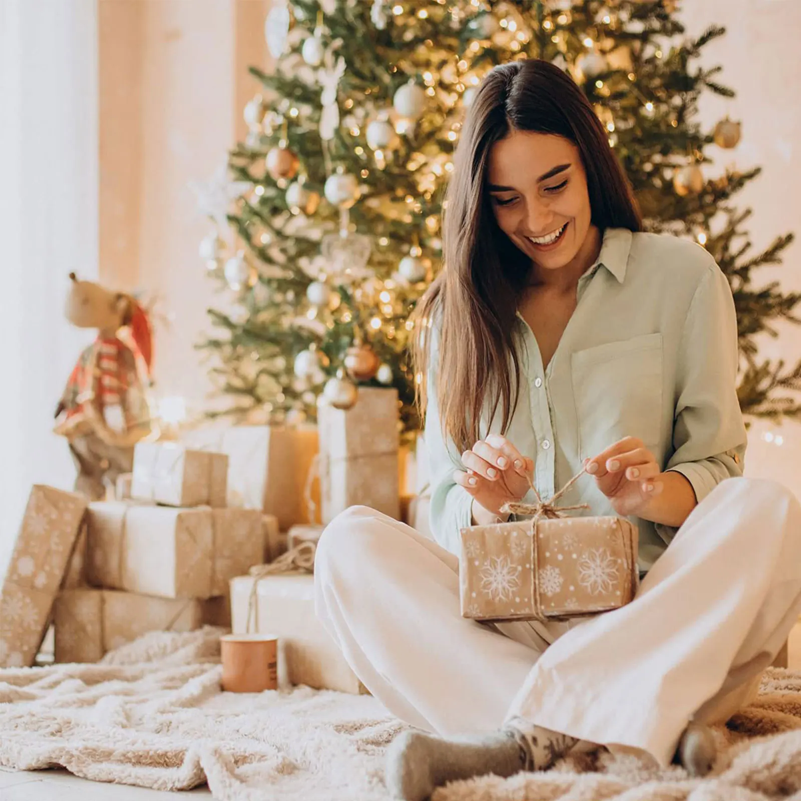 Brown kraft paper snowflake Christmas wrapping paper with paper string, wrapping paper rolls for girls boys women men