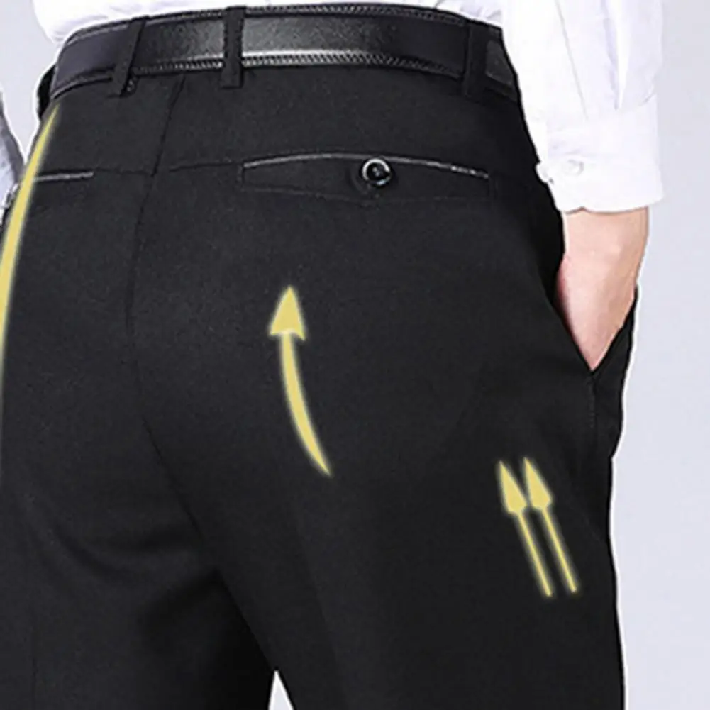 Men Business Pants Middle-aged Stretchy Double Pockets Full Length Zipper Fly Suit Pants Loose Straight Thin Men\'s Trousers