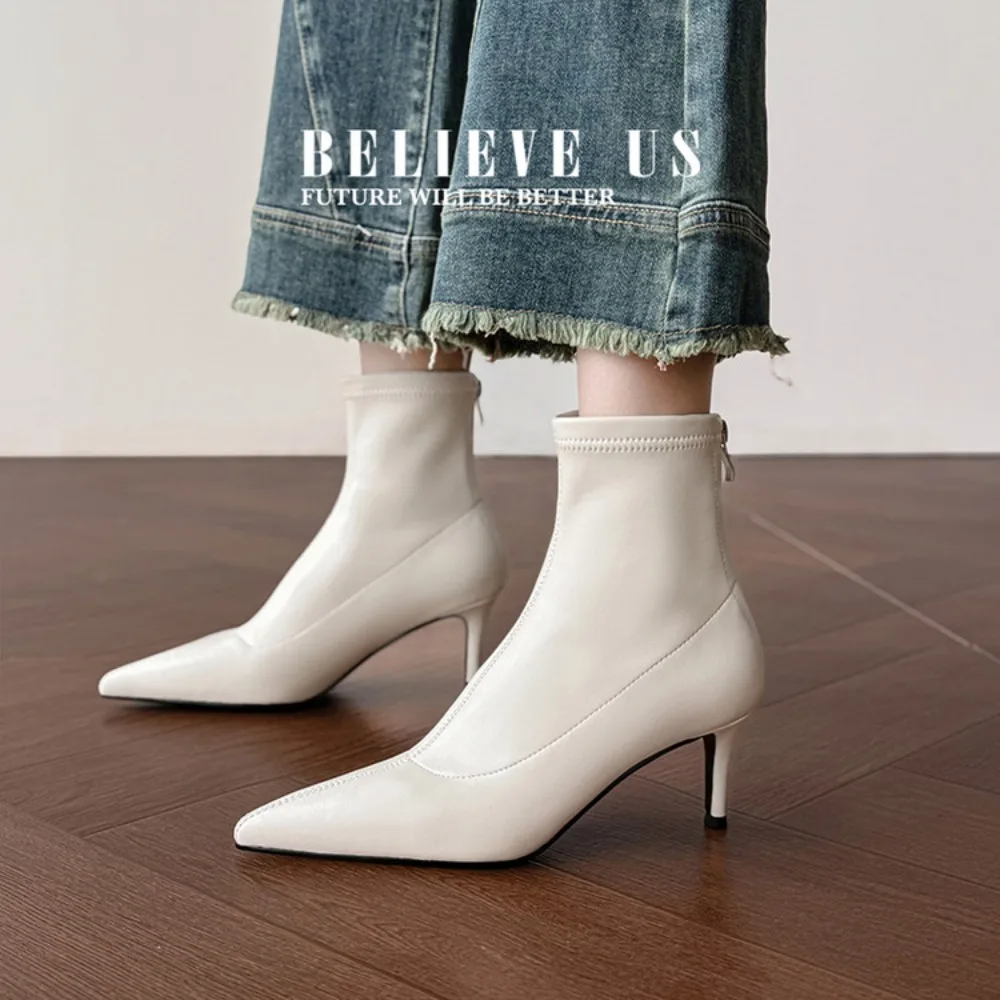 

2025 Winter New Brand Women Ankle Boots Fashion white Pointed Toe Short Boots Thin High Heel Outdoor Dress Pumps