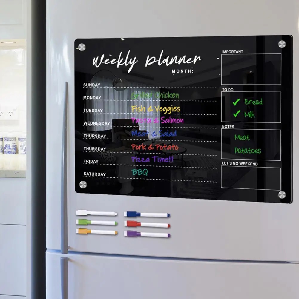 텍스트 블랙 캘린더 주간 플래너 화이트 보드, 마그네틱 냉장고 아크릴 보드, 블랙 텍스트, 쉬운 읽기, 6 마커