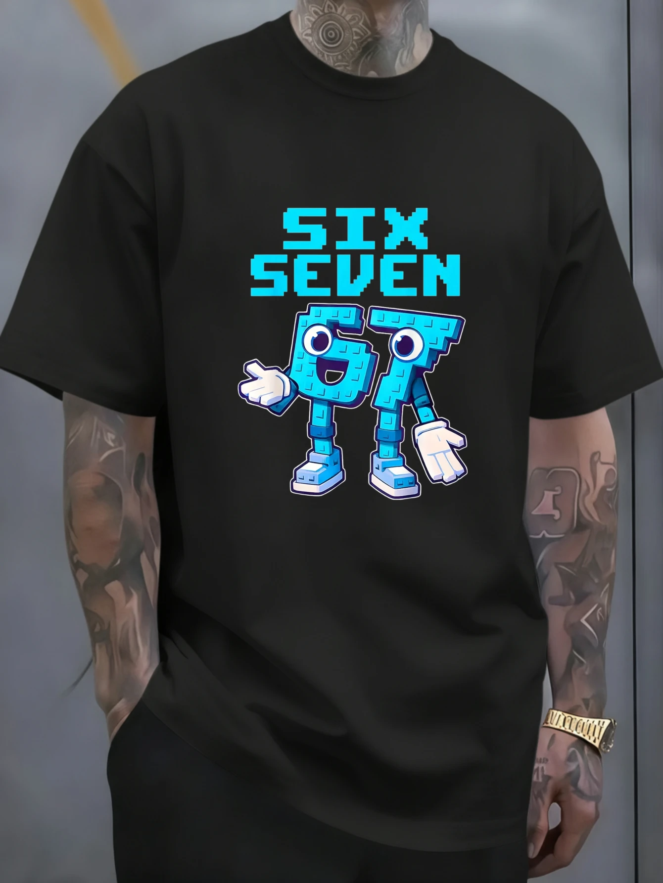 Herren-T-Shirt mit Six Seven Robot Design-Aufdruck, bequem und vielseitig, für den Outdoor-Bereich, lässig, kurzärmelig