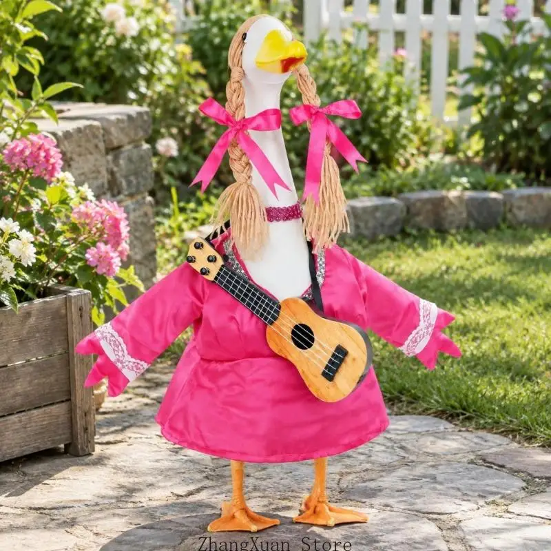 Dreiteiliges Musiker-Kostümset für bestehende Gartenvogelstatue mit Kleid, hellgoldenem Haarteil und Minigitarre 3XUF – Detail 9