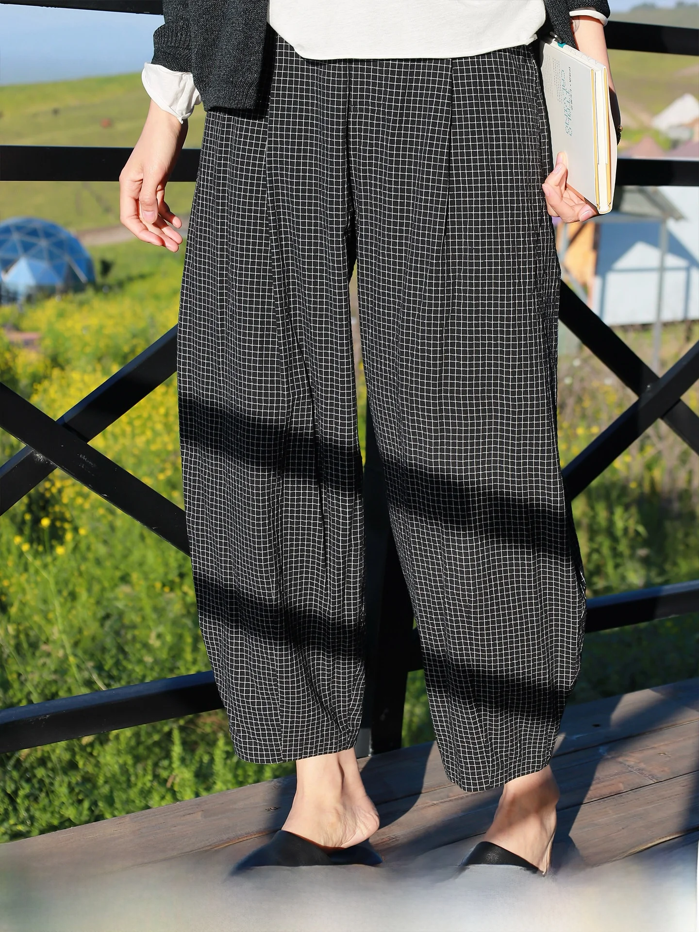 

Bla Plaid Pure Cotton Casual Pants Women's Loose Wide Leg Nine Points Spring New Sle Comfortable Harajuku Trousers