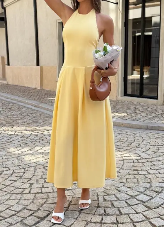 

Tailored Women's Dress for Summer Fresh Sweet Fashionable Elegant Solid Color Backless Sleeveless Hanging Neck Dating Dress