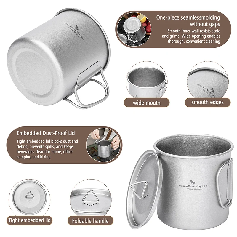 Boundless Voyage Titanbecher Ultraleichter Camping-Kaffee-Bier-Tee-Becher, bei offenem Feuer erhitzbarer Topf, Outdoor-Kochgeschirr, spülmaschinenfest – Detail 2