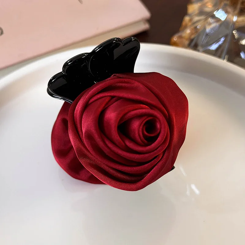 Retro New Handmade Satin Rose Flower Hair Clip Geometry Hair Claw for Women Girl Elegant Hairpin Crab Barrettes Hair Accessories