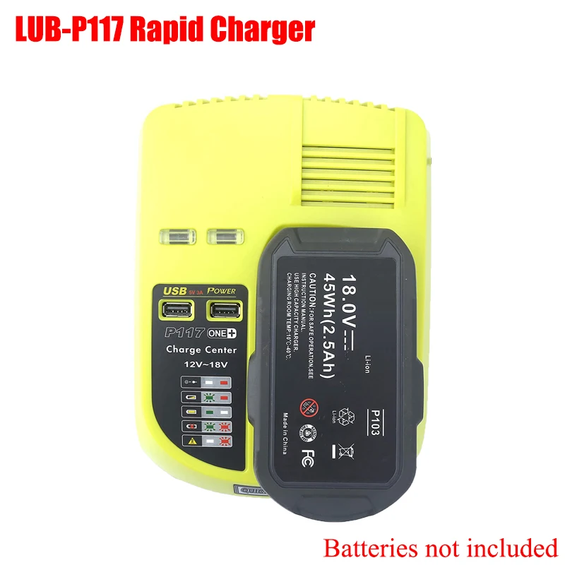 P117 Lithium Battery Charger Dual USB Ports Rechargeable Battery Rapid Charger Compatible for RYOBI 18V NiMH/Li-ion Batteries