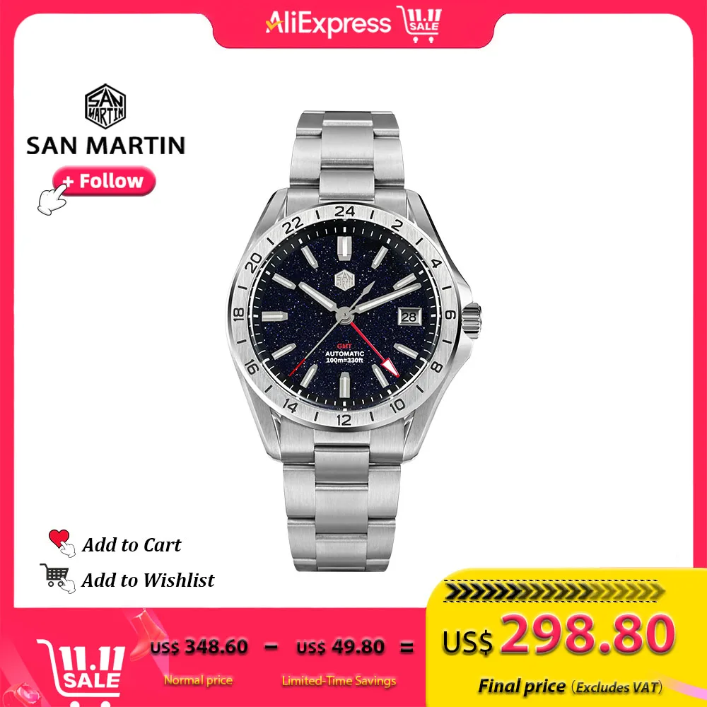 San Martin Design GMT-Reloj de pulsera para hombre, de lujo, con esfera de piedras preciosas de Aventurina NH34, de acero inoxidable, automático, mecánico, 100m, SN0129