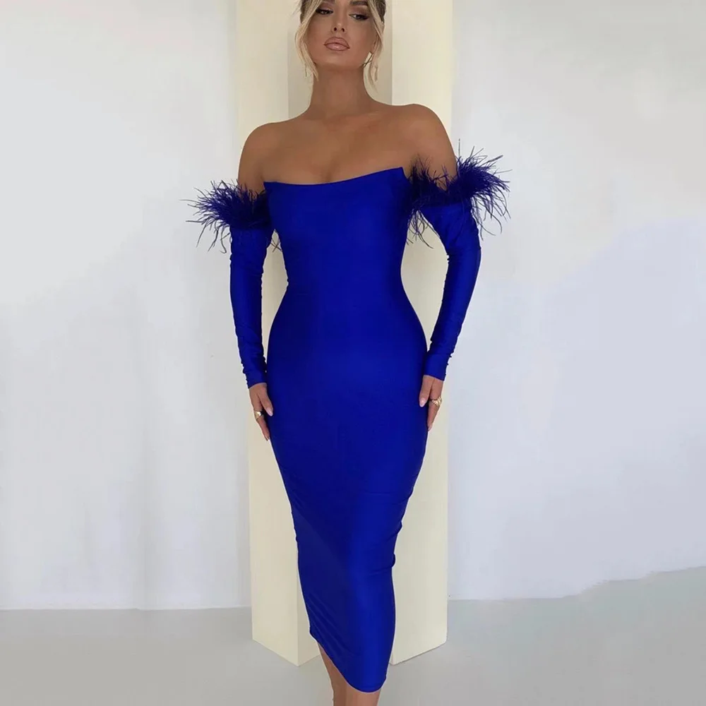 

Black Blue Off Shoulder Feathers Sexy Bodycon Bandage Dress Long Sleeve Midi Length Celebrity Evening Cocktail Party Prom Dress