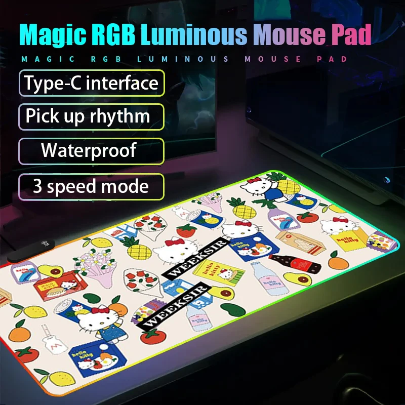 Sanrio Cute Hello Kitty RGB Luminous Mousepad HD Computer Gamers Locking Edge Non-slip Mouse Pad 90x40cm Keyboard PC Desk Pad