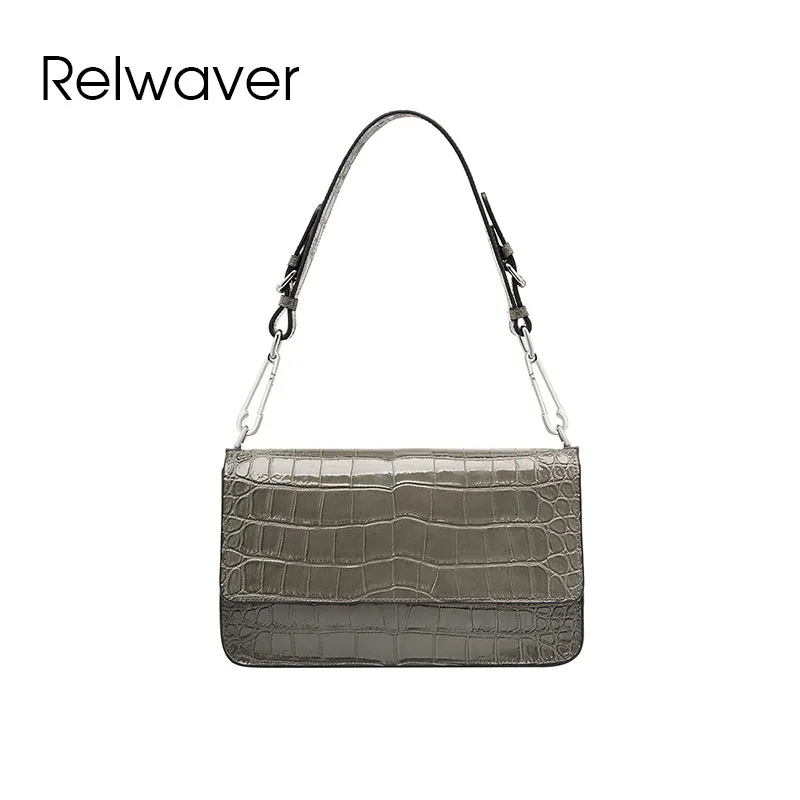 

Relwaver crocodile pattern cowhide split leather shoulder bag luxury flap 2024 winter grey mature ladies handbag roomy messenger