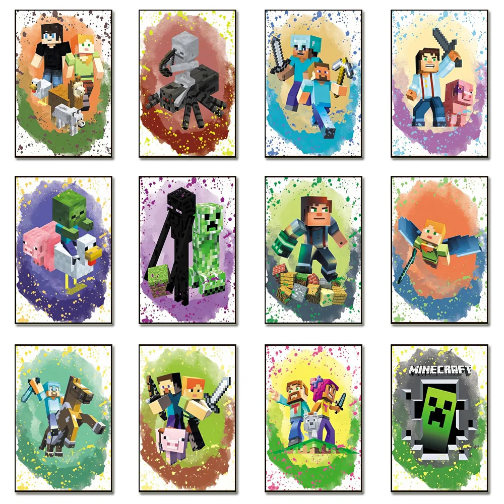Hot Pop Game Cartoon Poster M-minecraft Character Pixel Art Prints Wall Decor Canvas Painting For Kids Room Gaming Spaces