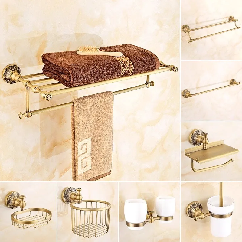 

Латунная резная щетка для унитаза Полка для ванной комнаты Антикварный держатель для бумаги Вешалка для полотенец Держатель для мыла Вешалка для полотенец Крючок для полотенец Фурнитура для ванной комнаты