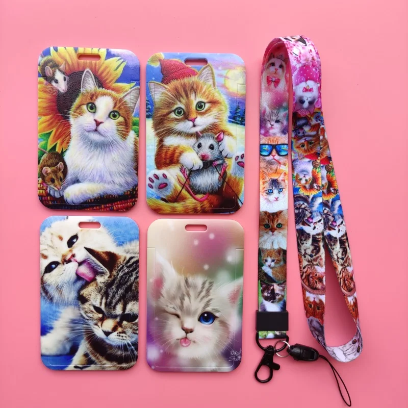 Fashion Cat Pattern Vertical ID Badge Holder Gift with Cute Neck Lanyard Strap for Women and Men ,capacity:2 Credit Cards